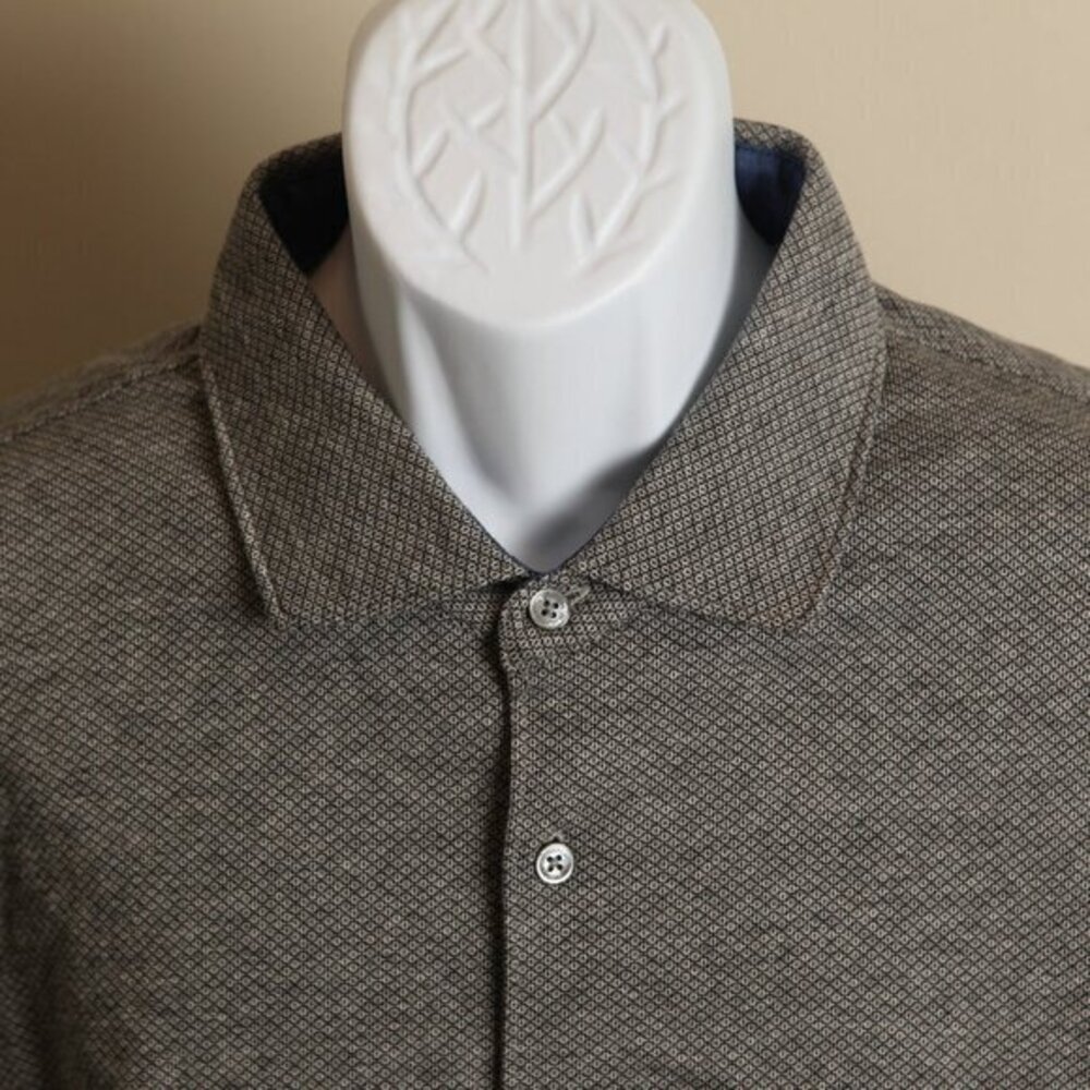 👔 BUGATCHI Men’s Shirt Gray Diamond Pattern Blue Flip Cuff Long Sleeve 2XL 🧵